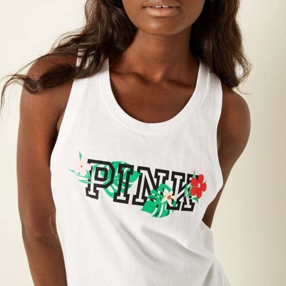 NWT Victoria’s Secret PINK Logo Tropical Graphic Racerback Cutout Tank Top - Picture 3 of 5